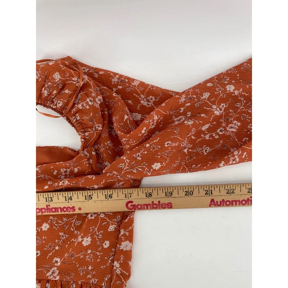 ASTR Floral Babydoll Top Womens Medium Burnt Orange Puff Sleeve Y2K Boho Cottage